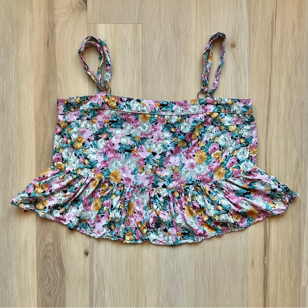 Natural Life Small Vintage Floral Crop Top Tank Peplum Button Back Boho Feminine